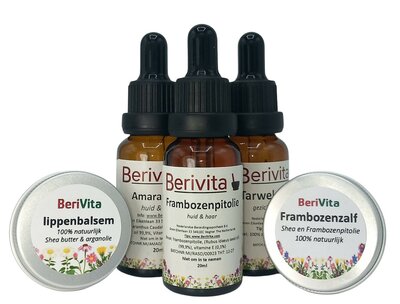 Zomer Zon Verzorging Set - Amarantolie 20ml, Frambozenolie 20ml, Tarwekiemolie 20ml, Frambozenzalf 15ml, Lippenzalf 15ml zomer zon verzorgingspakket