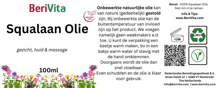 etiket squalaanolie 100ml fles