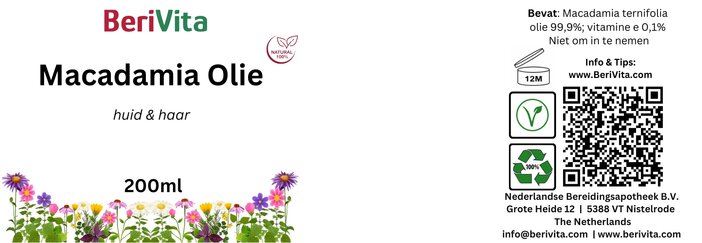 etiket macadamia olie 200ml pompfles