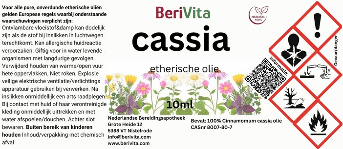 etiket cassia olie, kaneelschorsolie 10ml