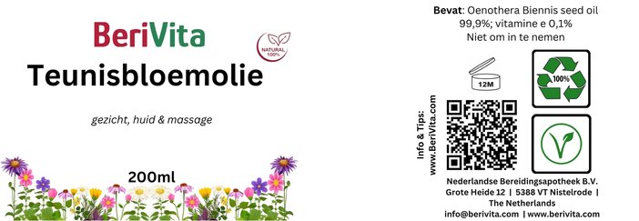 etiket teunisbloemolie 200ml pompfles