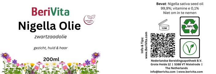 etiket nigella zwartzaadolie 200ml pompfles