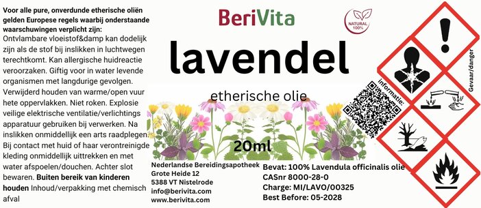 etiket lavendelolie puur 20ml pipetfles