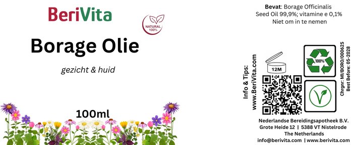 etiket borage olie bernagie olie 100ml puur