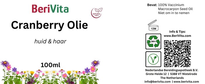 etiket cranberry olie 100ml, veenbessenzaadolie