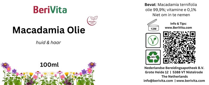 etiket macadamia olie 100ml puur koudgeperst