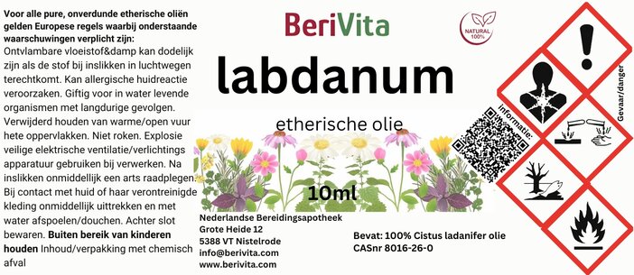 etiket labdanum, cisteroos etherische olie 10ml druppelfles