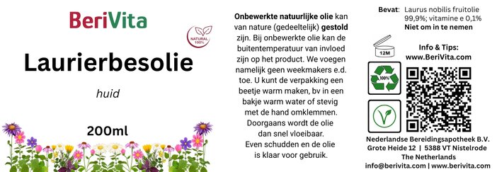 etiket laurierbesolie koudgeperst 200ml pompfles