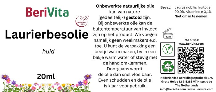 etiket laurierbesolie 20ml pipetfles
