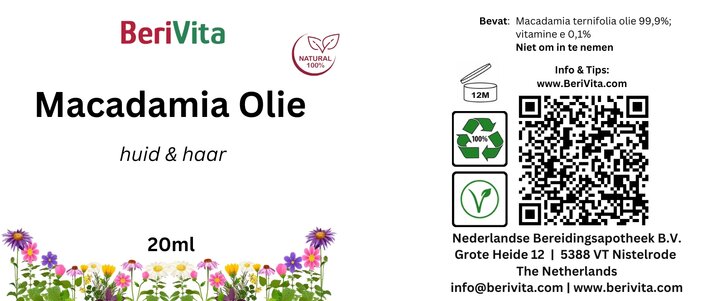 etiket macadamia olie puur koudgeperst pipetfles