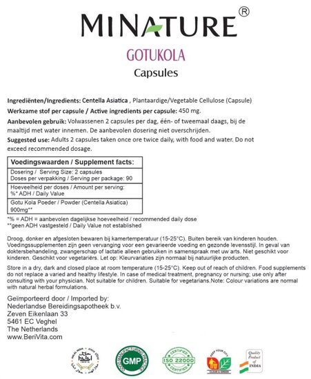 Gotu Kola Capsules 180 stuks - Poeder van Centella Asiatica, Waternavel