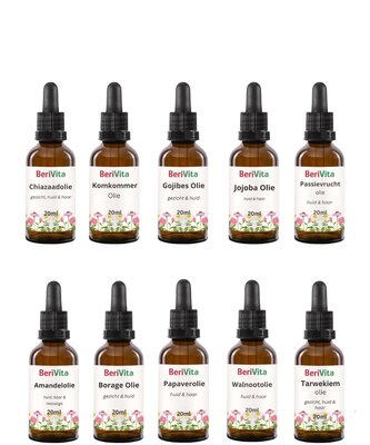 Probeerset Natuurlijke Olie 10x20ml - Amandel, Borage, Chia, Goji, Jojoba, Komkommer, Papaver, Passievrucht, Tarwekiem en Walnoten
