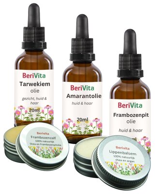 Zomer Zon Verzorging Set - Amarantolie 20ml, Frambozenolie 20ml, Tarwekiemolie 20ml, Frambozenzalf 15ml, Lippenzalf 15ml